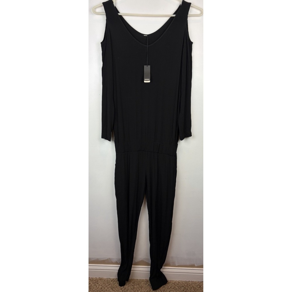 Monrow Crepe Long Sleeve Jumpsuit Womens Large Black Cold Shoulder USA New